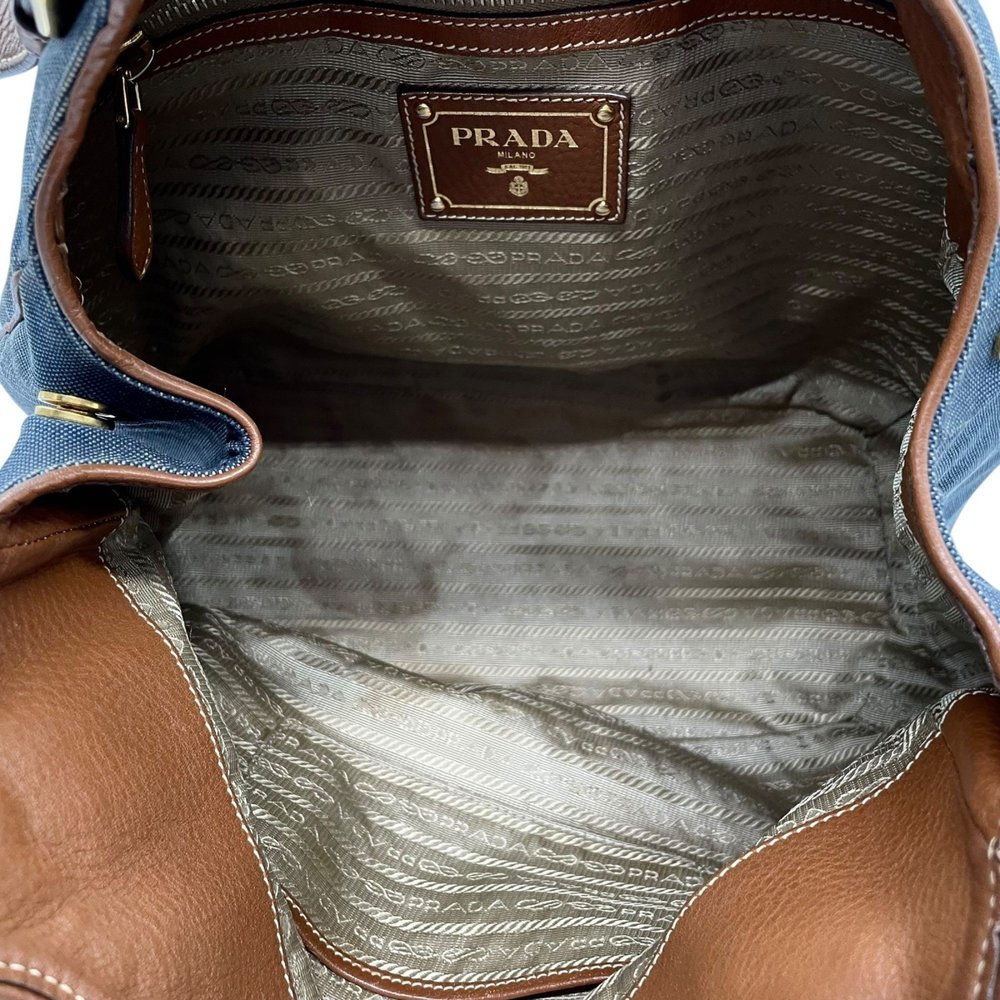 PRADA Prada Logo Jacquard Tote Bag Shoulder Denim Leather Blue Brown Gold Har... - Picture 14 of 16